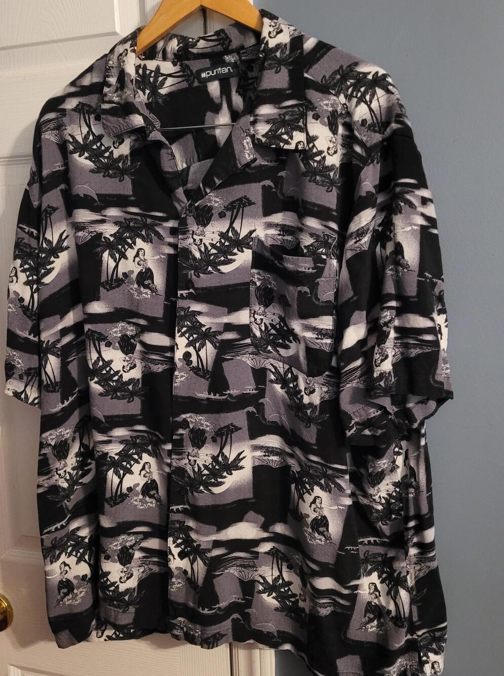 Vintage Puritan Hawaiian Hula Girl Shirt Mens 2XL Black Tropical Short Sleeve